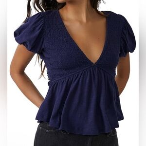 FREE PEOPLE Charolette Top – Navy Blue Smocked Puff Sleeve Blouse | Size L